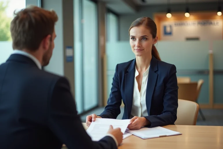Une femme ouvre un compte à La Banque Postale avec l'aide d'un conseiller bancaire dans une agence moderne