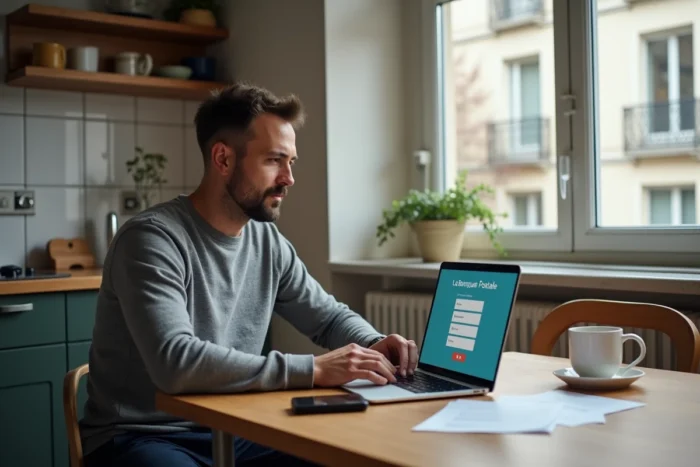 Un homme remplit un formulaire d'ouverture de compte en ligne à La Banque Postale depuis son domicile