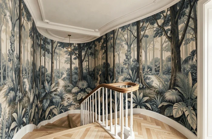 Mur d'accent en papier peint panoramique botanique dans une cage d'escalier de style classique