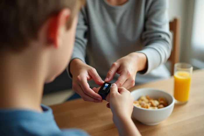 Parent attachant un bracelet GPS au poignet de son enfant dans une cuisine familiale, détail du dispositif de sécurité