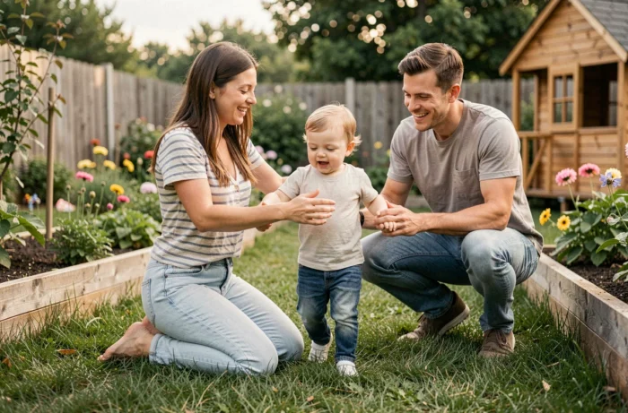 Jeunes parents encourageant leur tout-petit à faire ses premiers pas dans un jardin verdoyant, scène de parentalité authentique et tendre