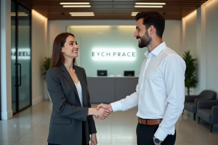 Poignée de main entre une cheffe d'entreprise et un représentant d'une agence informatique fiable lors d'un partenariat de transformation digitale