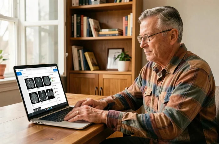 Patient senior consultant ses images médicales en ligne via une plateforme sécurisée de partage depuis son domicile