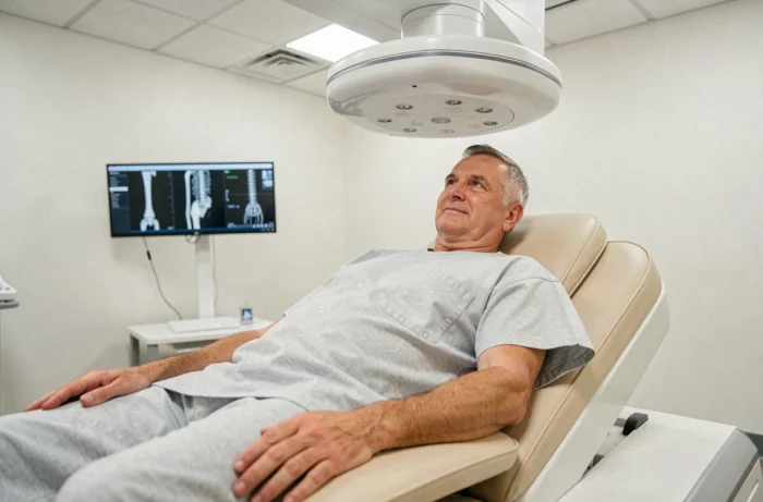 Patient âgé allongé sur la table d'examen d'un scanner d'ostéodensitométrie dans une clinique moderne