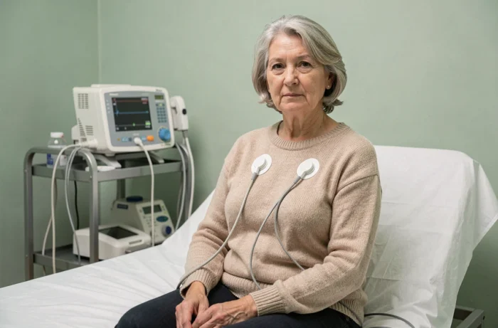 Patiente âgée lors d'un examen cardiologique avec électrodes ECG dans une salle médicale