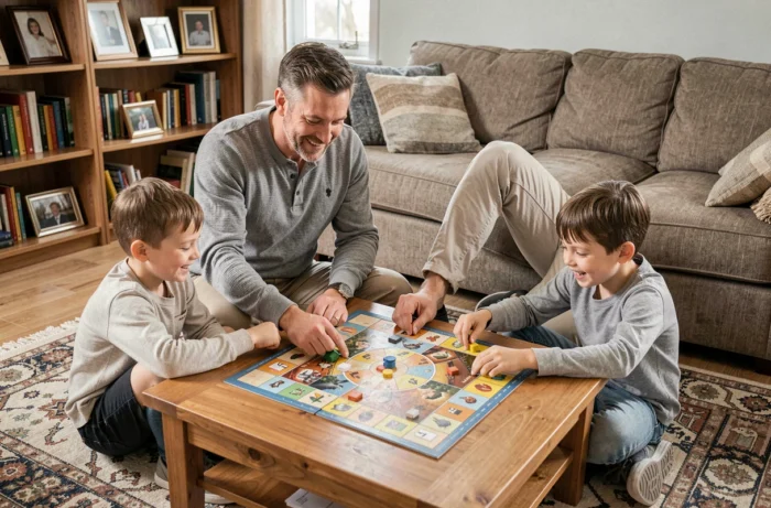 Père jouant à un jeu de société avec ses deux enfants assis sur le sol du salon, moment de complicité familiale à la maison