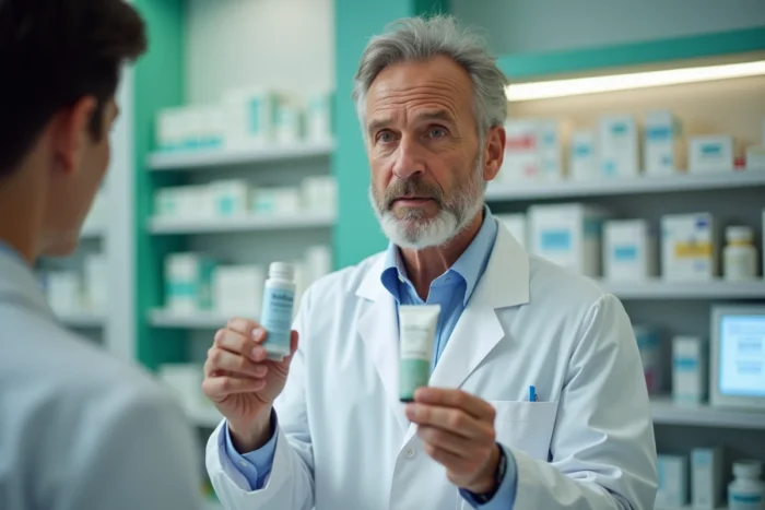 Pharmacien comparant deux pommades anti-inflammatoires sans ordonnance au comptoir d'une pharmacie