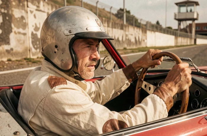 Pilote amateur concentré en combinaison vintage au volant d'une Alfa Romeo Giulia GTA lors d'un track day sur circuit historique