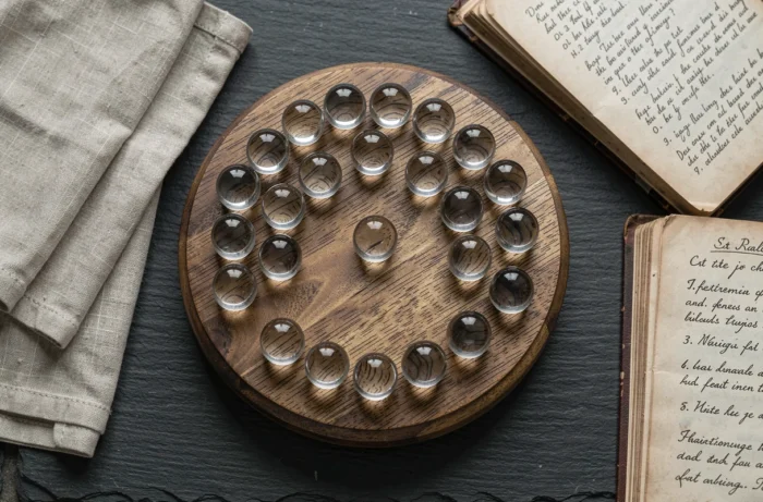 Vue aérienne d'un plateau de solitaire en bois avec des billes en verre et un livre de règles ancien