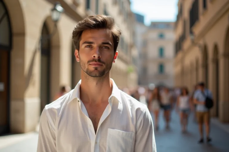 Jeune homme aux traits symétriques posant dans une place européenne pavée, illustrant les standards modernes de beauté masculine