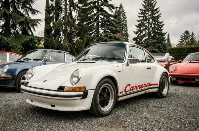Porsche 911 Carrera RS 1972 blanche restaurée exposée lors d'un rassemblement de voitures classiques sur terrasse en gravier