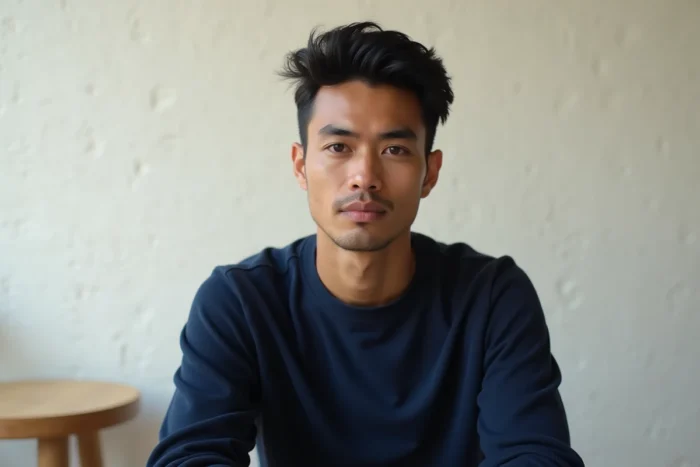 Portrait éditorial d'un jeune homme aux traits marqués sur fond épuré, évoquant les critères esthétiques contemporains de la beauté masculine