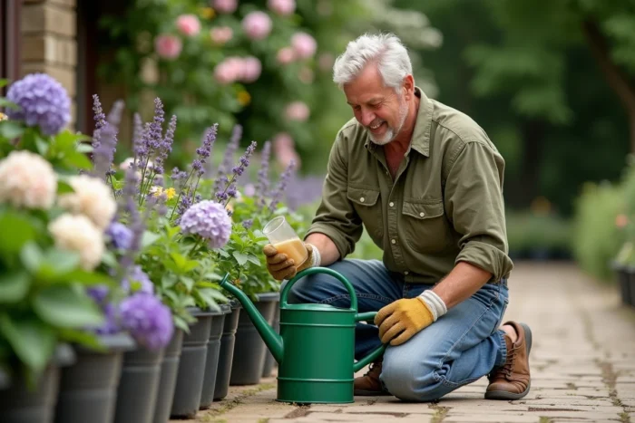 Homme préparant un engrais liquide dilué dans un arrosoir pour nourrir des fleurs en pot dans le jardin