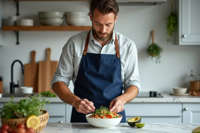Homme préparant un repas sain et équilibré dans une cuisine moderne pour adopter de bonnes habitudes alimentaires