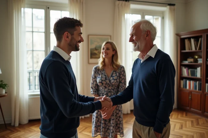 Présentation formelle entre un homme et son beau-oncle dans un appartement haussmannien parisien, illustrant les liens familiaux du mari de la nièce