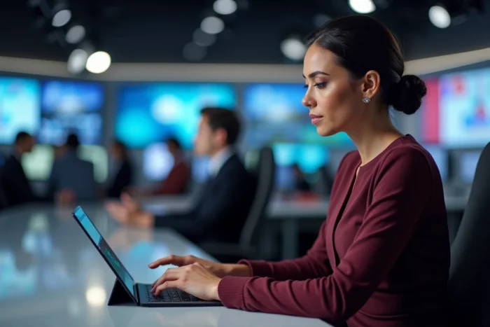 Présentatrice de télévision assise au bureau de plateau dans une salle de rédaction professionnelle