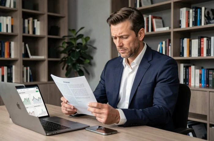 Professionnel en costume analysant un rapport économique et managérial dans un bureau exécutif contemporain