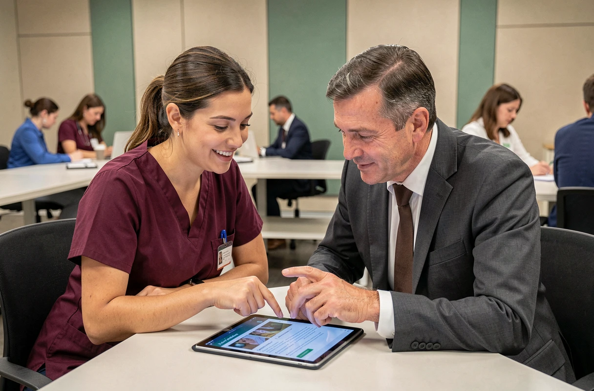 Deux professionnels de santé collaborant sur des ressources en ligne lors d'une session de formation médicale en groupe