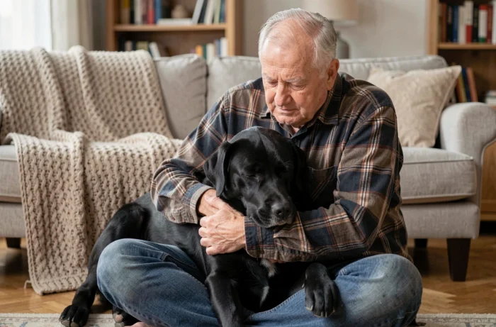 Homme âgé réconfortant son labrador noir détendu dans un salon chaleureux, illustrant le soin animalier