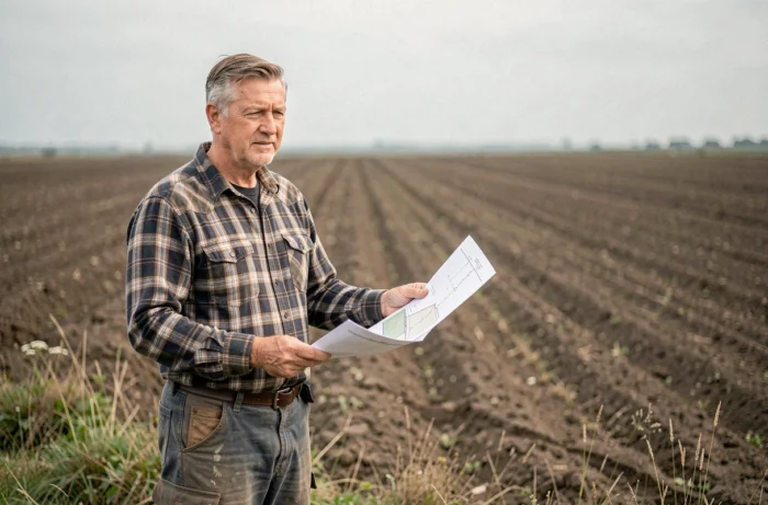 Propriétaire foncier tenant un document cadastral devant un terrain agricole en cours d'acquisition