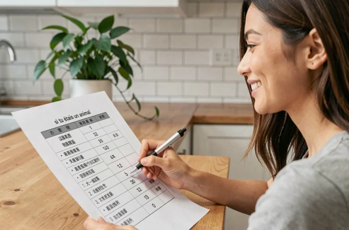 Questionnaire portrait chinois avec système de score rempli par une participante souriante