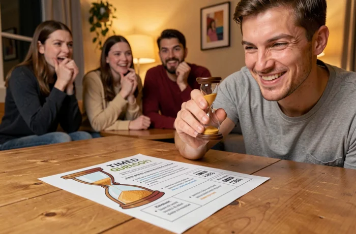 Fiche de quiz chronométré avec sablier imprimable tenu par un joueur lors d'une soirée