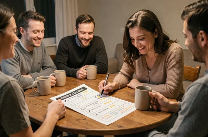 Groupe mixte autour d'une fiche de quiz à niveaux avec cases d'auto-évaluation