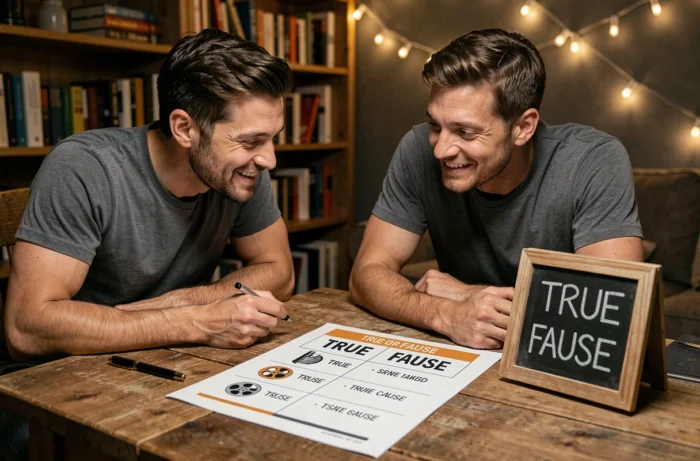 Fiche quiz vrai ou faux à thème unique illustrée avec des icônes cinéma sur une table de jeu
