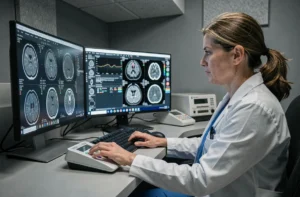 Radiologue féminine analysant des images médicales IRM sur une plateforme numérique spécialisée dans une salle de lecture clinique