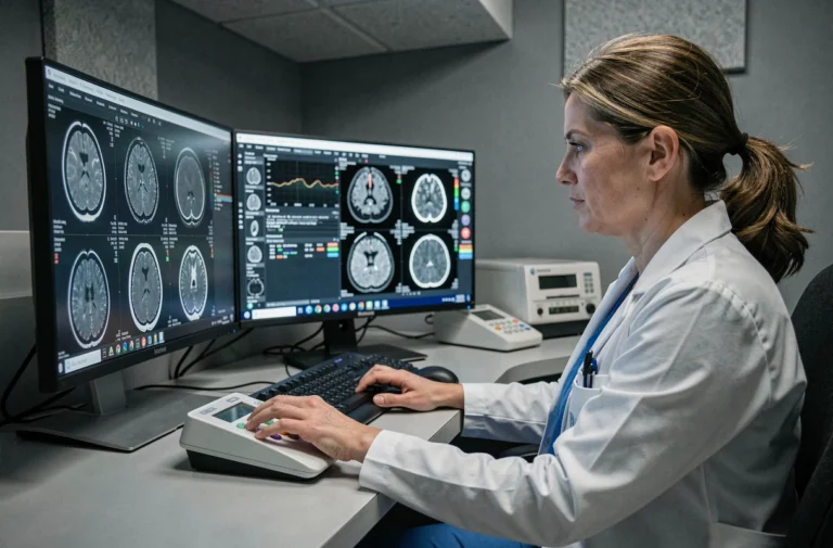 Radiologue féminine analysant des images médicales IRM sur une plateforme numérique spécialisée dans une salle de lecture clinique