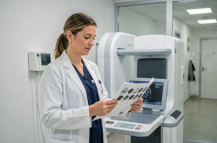 Radiologue féminine examinant les résultats d'une ostéodensitométrie dans un centre d'imagerie médicale à Aix-en-Provence