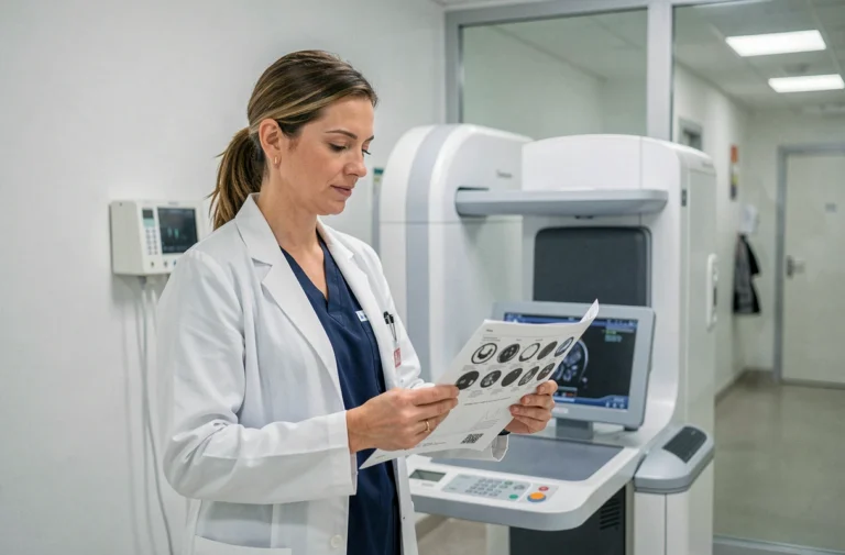 Radiologue féminine examinant les résultats d'une ostéodensitométrie dans un centre d'imagerie médicale à Aix-en-Provence