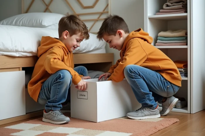 Deux garçons rangeant ensemble leur chambre partagée avec des solutions de rangement pratiques sous le lit et en cubbies