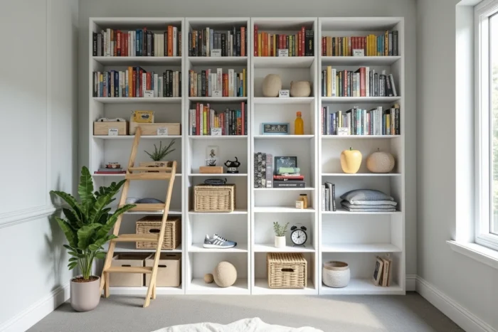 Système de rangement vertical modulable du sol au plafond dans une chambre partagée pour deux garçons avec zones personnalisées