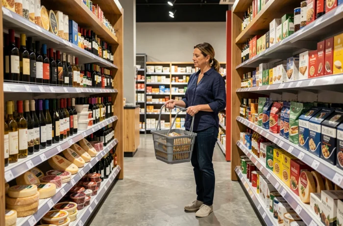 Femme faisant ses courses dans les rayons du magasin Dancharia avec produits franco-espagnols