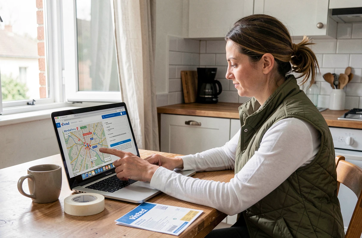 Femme recherchant le meilleur point Mondial Relay sur une carte en ligne pour envoyer un colis Vinted