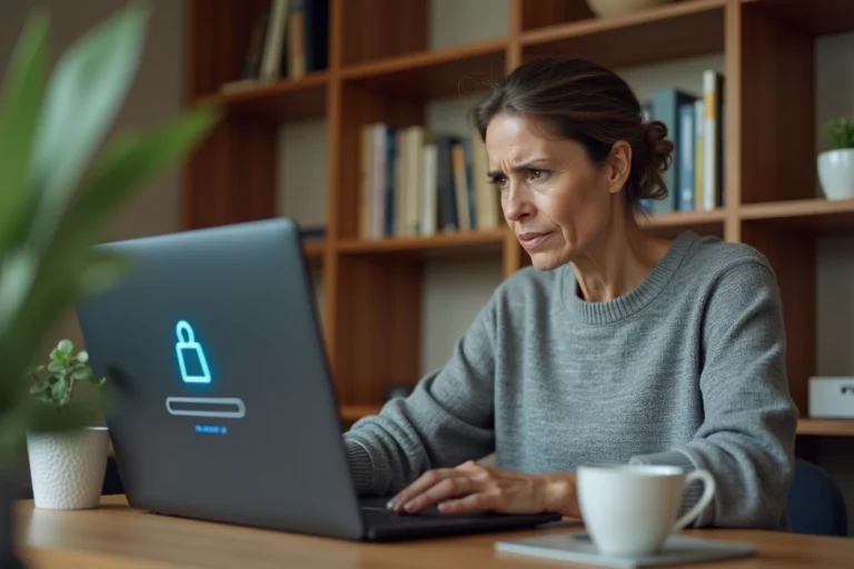 Femme devant son ordinateur portable essayant de récupérer l'accès à son compte MyFoncia après avoir oublié son mot de passe