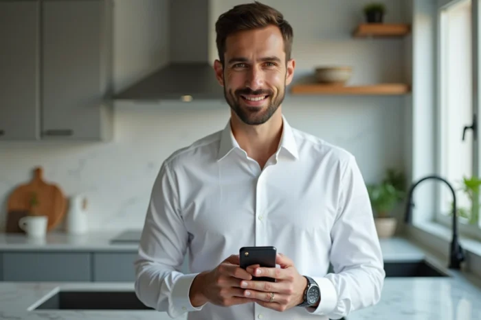 Homme tenant un smartphone affichant la procédure de réinitialisation de mot de passe pour accéder à son espace MyFoncia