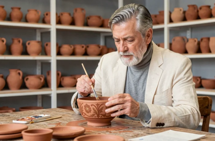 Homme retraité concentré sur la peinture de céramique dans un atelier d'art, activité créative épanouissante après 60 ans