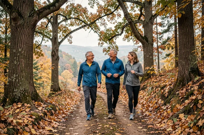 Groupe de retraités actifs en randonnée en forêt en automne, activité sportive et sociale après 60 ans