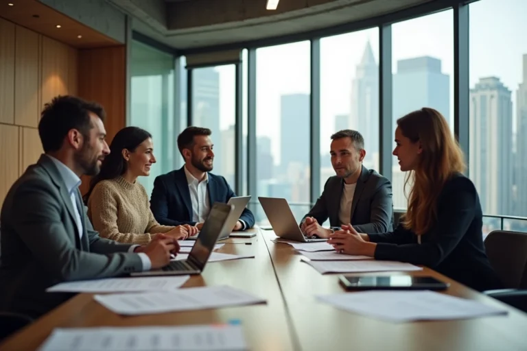 Équipe de professionnels en réunion dans une agence informatique moderne discutant d'une stratégie de transformation digitale