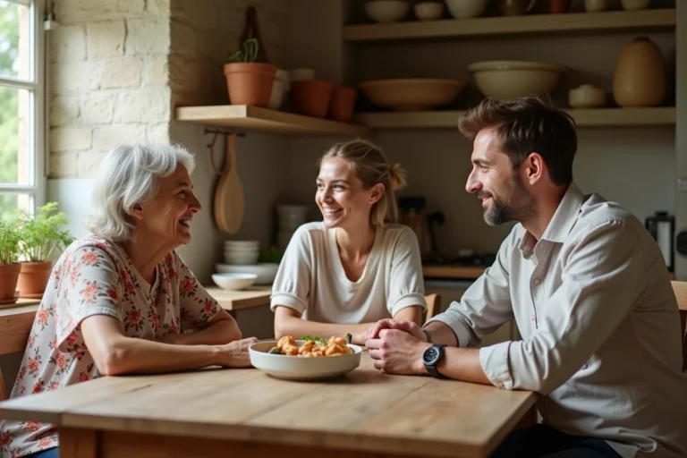 Réunion de famille autour d'une table en bois dans une cuisine de campagne française, illustrant les liens familiaux entre tante, nièce et mari