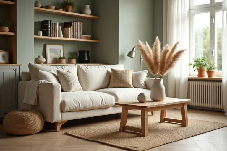 Salon scandinave contemporain avec canapé en lin, table basse en chêne et décoration naturelle aux tons neutres et chauds
