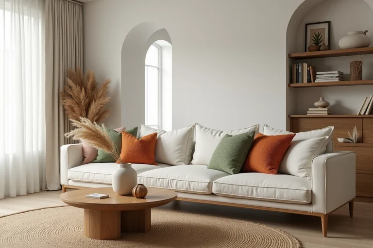 Salon scandinave moderne avec canapé en lin crème, cousins boucle terracotta et table basse en chêne brut pour une déco intérieure tendance