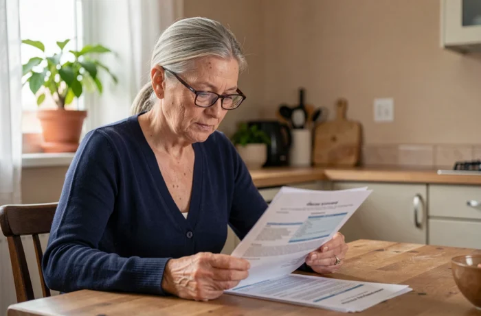 Senior femme 60 ans comparant des documents de mutuelle santé dans sa cuisine
