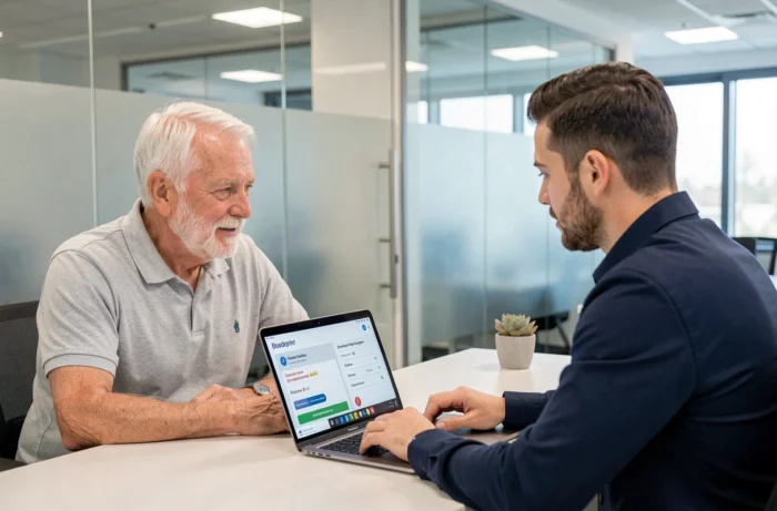 Senior homme consultant un conseiller mutuelle santé en agence