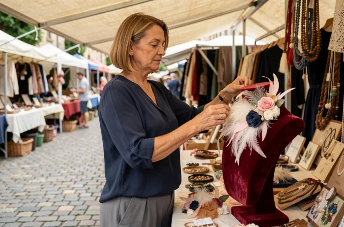 Créatrice présentant ses accessoires artisanaux à plumes sur un stand de marché artisanal en plein air