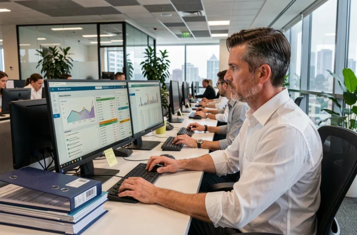 Syndic de copropriété analysant des tableaux de bord budgétaires et des demandes de résidents sur double écran dans un bureau de gestion immobilière