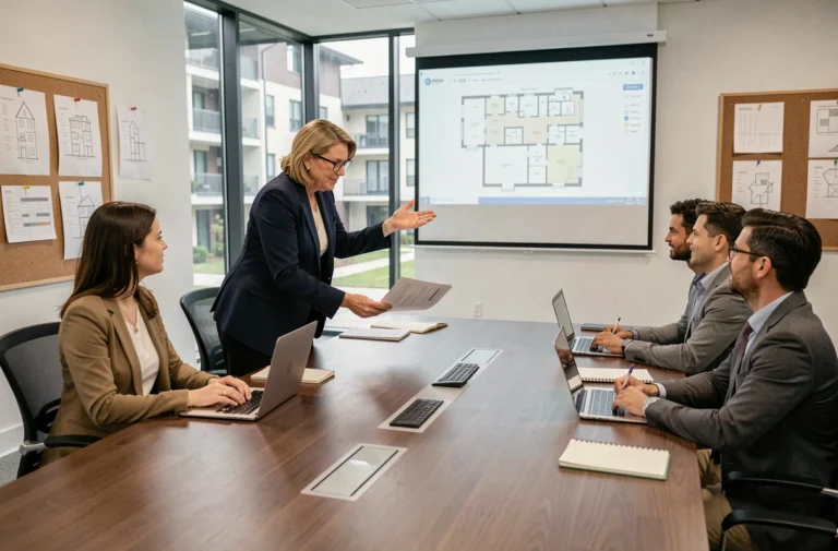 Syndic professionnelle animant une réunion de copropriété dans une salle de gestion immobilière moderne avec documents et plan de résidence projeté
