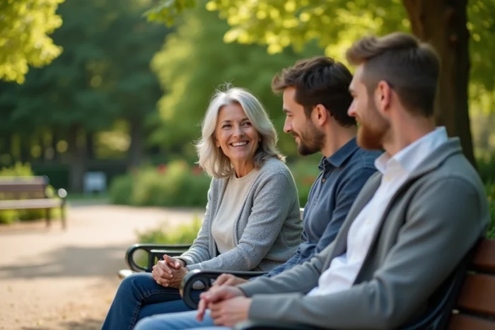 Une tante et un jeune couple assis sur un banc de jardin public en France, évoquant les relations familiales et les liens entre générations